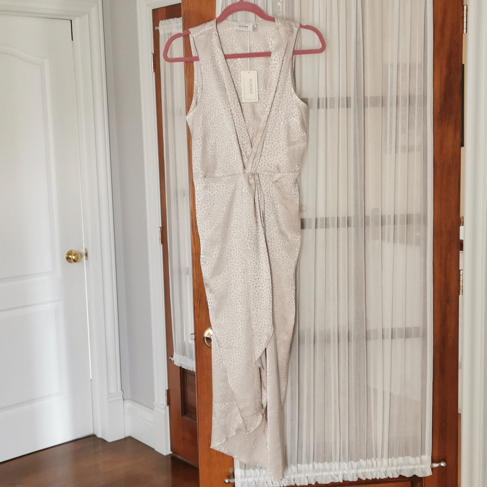 Flounce London sleeveless satin midi dress with twist and drape in metallic